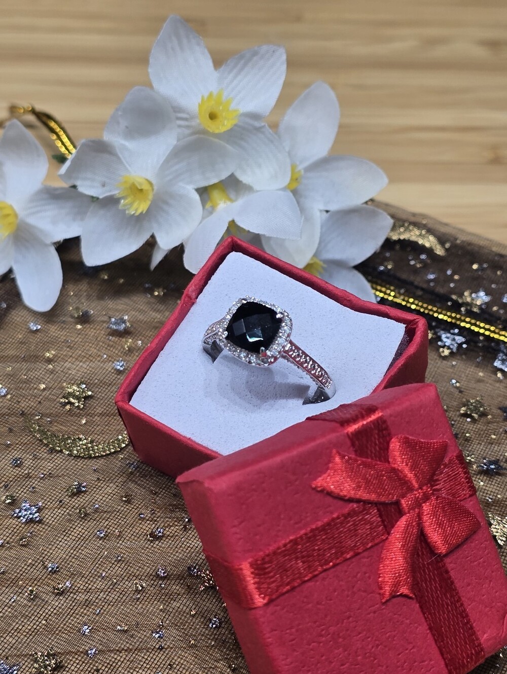 Elegant Black Cushion Halo Ring in Silver